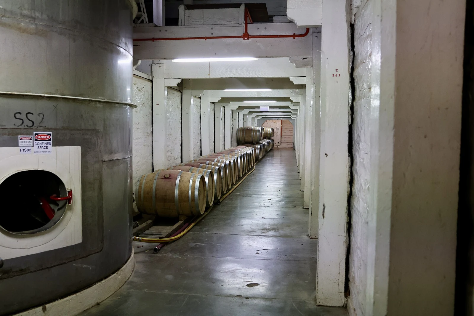 A long cellar corridor with wine barrels at Seppeltsfield