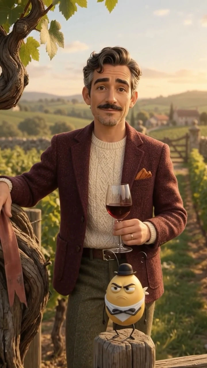 Miles beside an old vine, with a small illustrated phylloxera character in his Barossa film