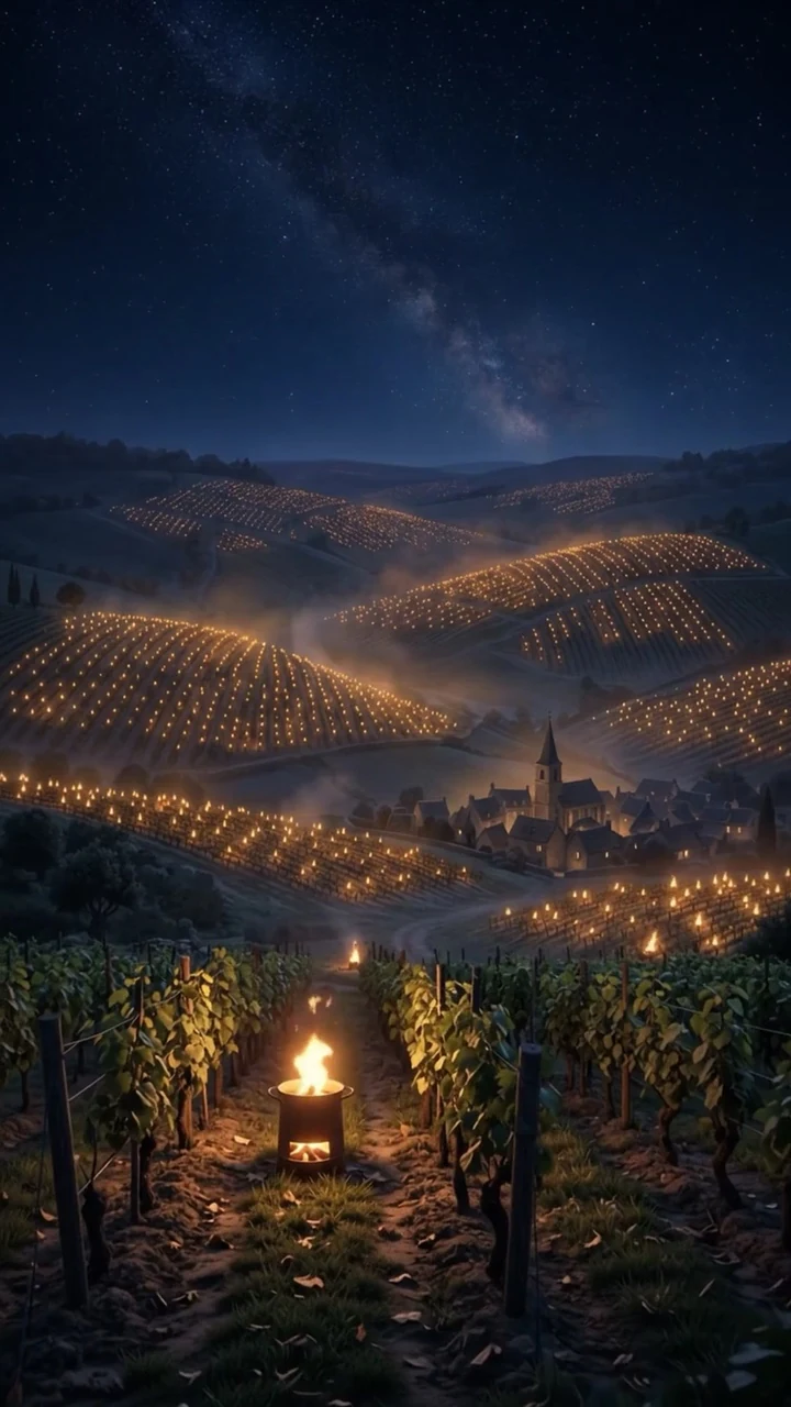 An illustrated Chablis vineyard at night, with warming fires glowing between the vine rows