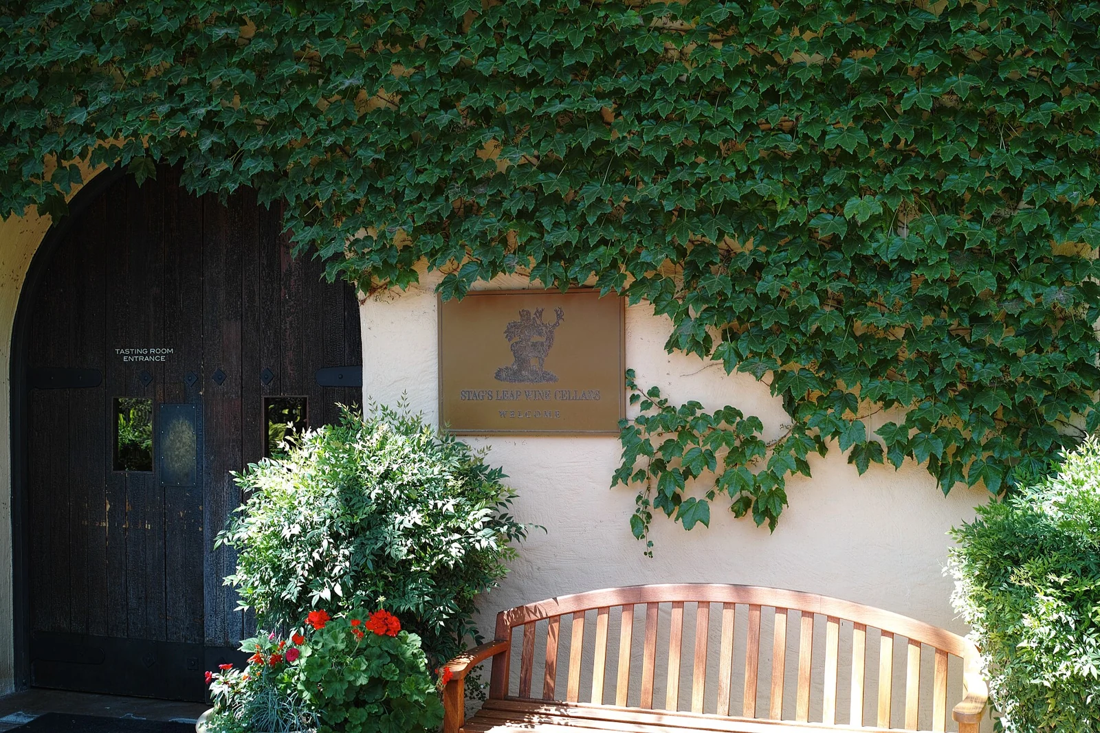 Ivy around a historic tasting-room door and bench at Stag’s Leap Wine Cellars