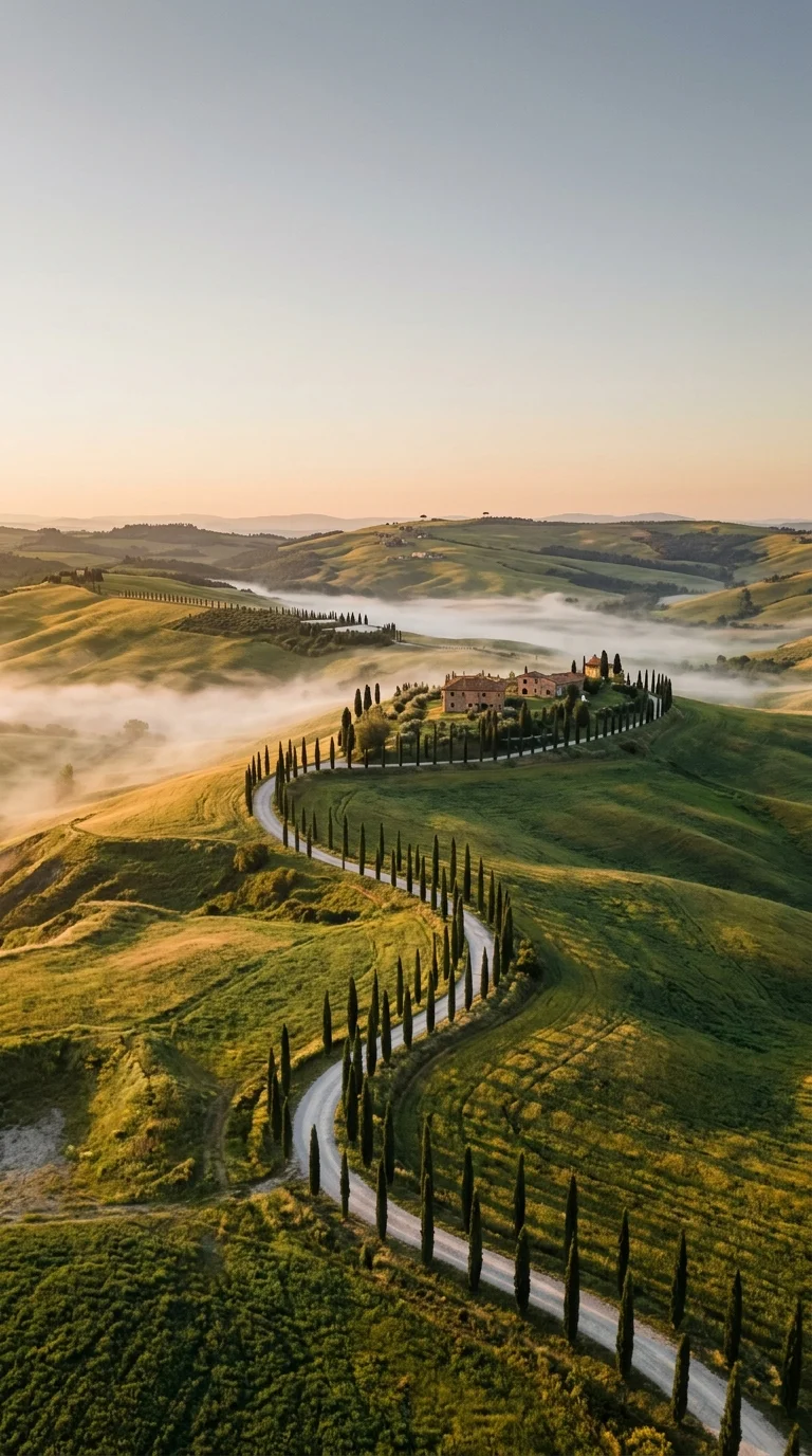 AI-created illustration of a cypress-lined road and Tuscan-style hills at sunrise