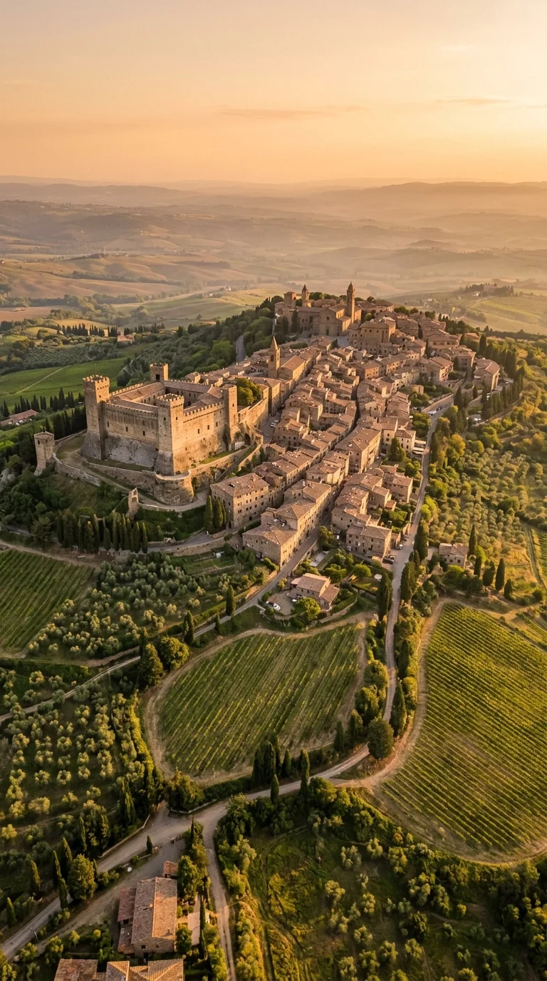 AI-created travel illustration evoking Montalcino; not documentary venue photography